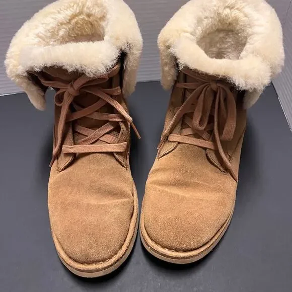 UGG Weylyn Shearling Cuff Lace Up Suede Boots Chestnut Fur Womens 8.5 Cozy Y2K - Picture 5 of 9